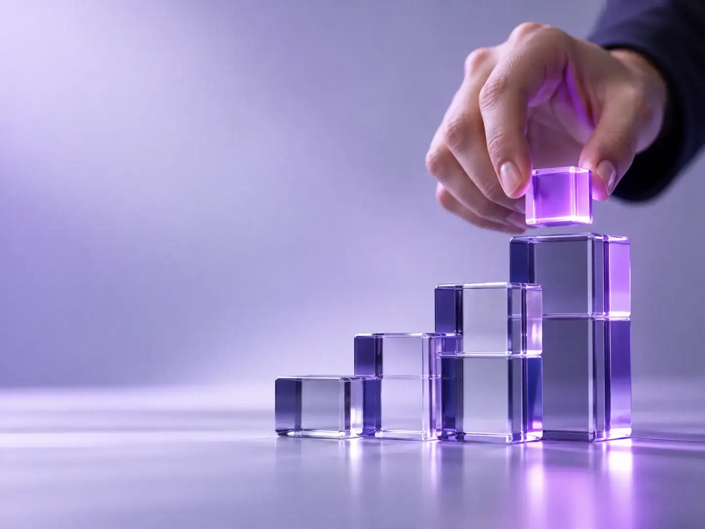 Mano colocando un cubo morado sobre bloques de vidrio ascendentes